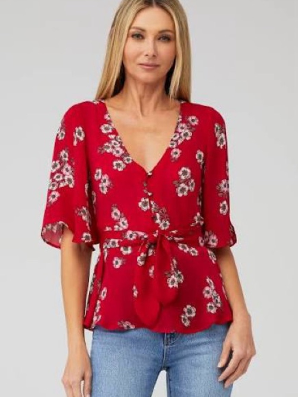 Cupcakes and Cashmere Red Floral Tie Waist Bell Sleeve Peplum Blouse SzL